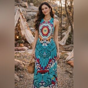 Mara Hoffman Jungle Trip Bodycon Dress Aztec Print Leopard Animal Teal Festival